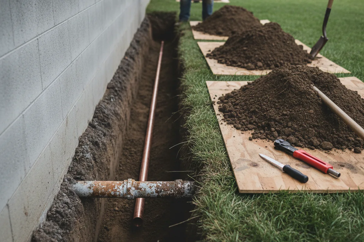 Excavated water line trench during Water Softener Installation in Thebes